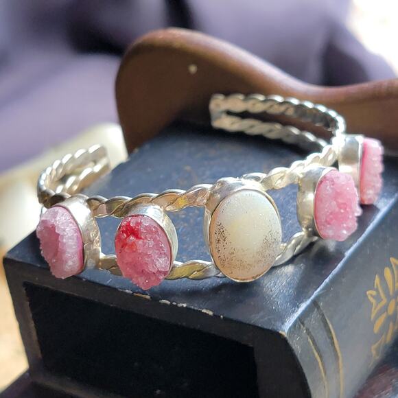 Sterling Silver Pink Druzy and Jasper Cuff Bracelet Handmade - Picture 4 of 6